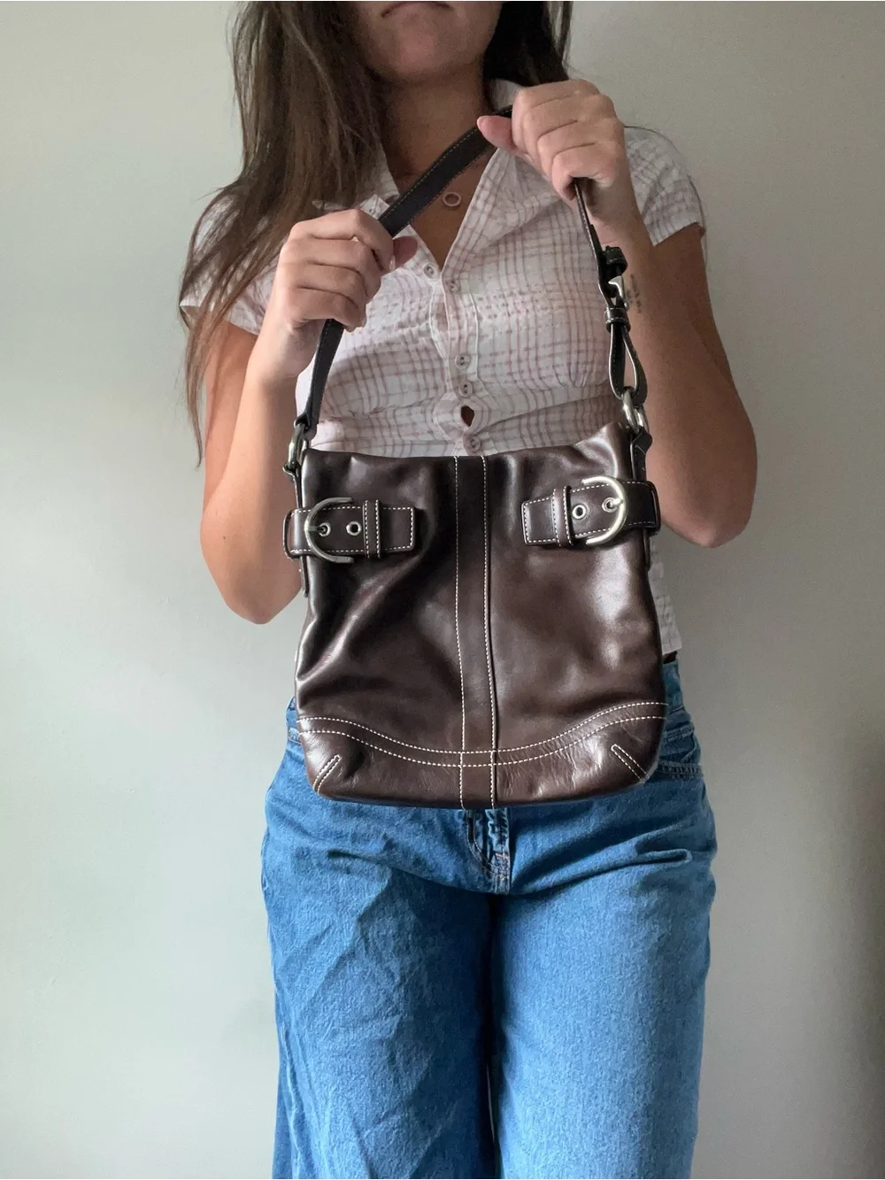 Coach Soho Brown Leather Shoulder Bag with Double Buckle Detail